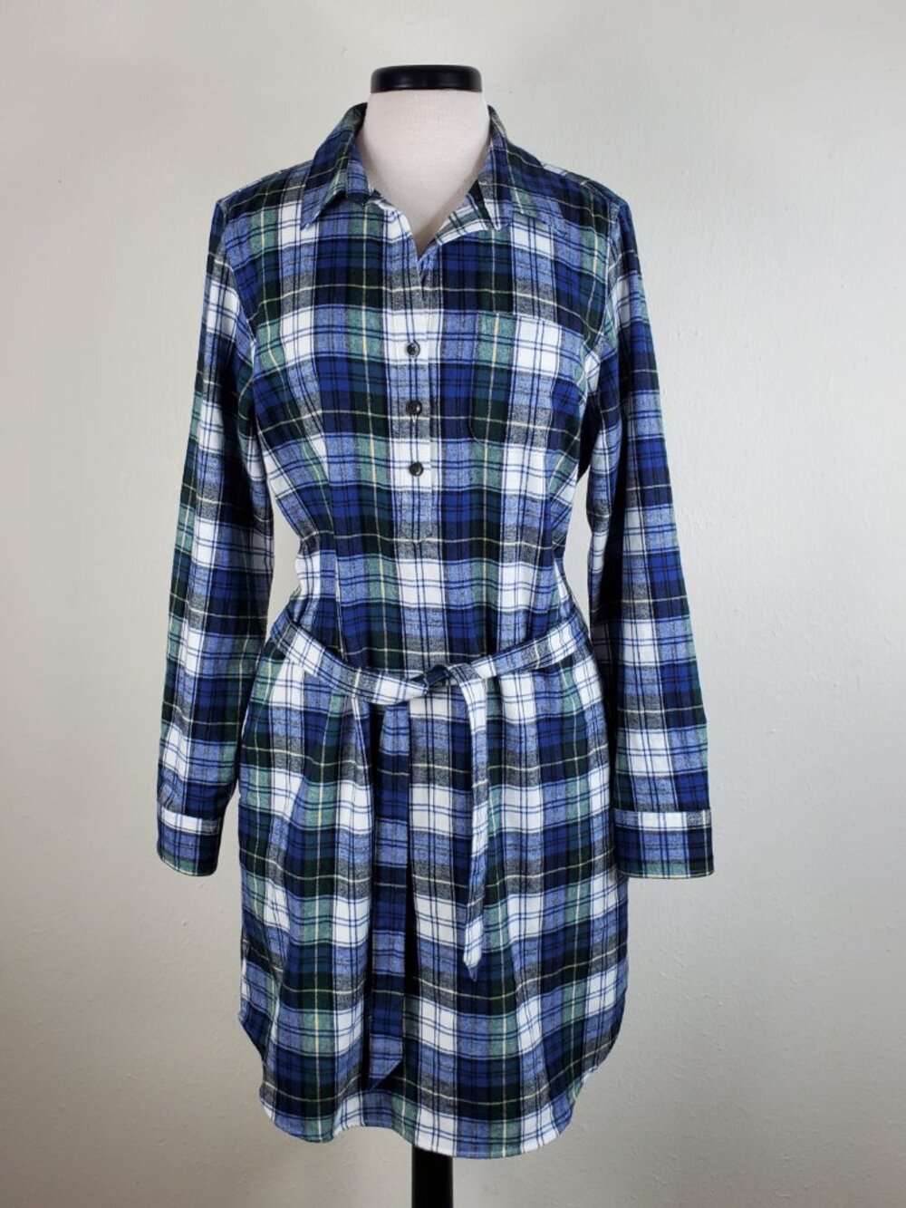 LL Bean Relaxed Fit Plaid Flannel Shirt Dress Large Blue Green Pockets Waist Tie